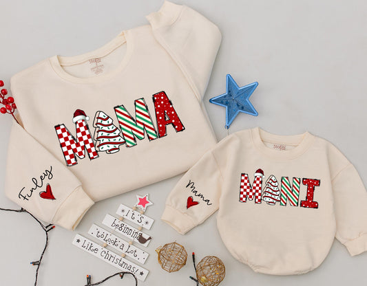 Personalized Finley Mama Mini Christmas Matching Sweatshirts Festive Red Green Santa Tree Striped Polka Dot Holiday Mom Baby Daughter Gift