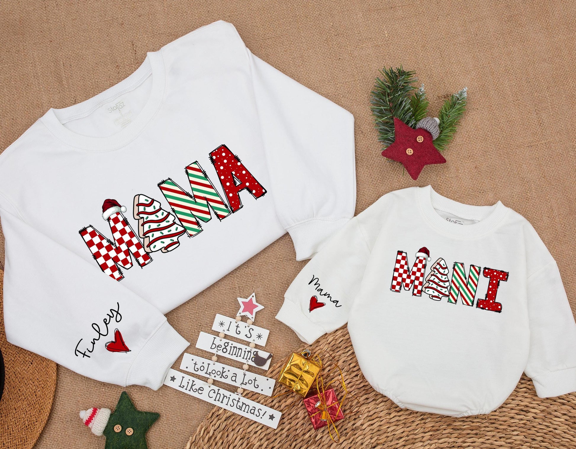 Personalized Finley Mama Mini Christmas Matching Sweatshirts Festive Red Green Santa Tree Striped Polka Dot Holiday Mom Baby Daughter Gift
