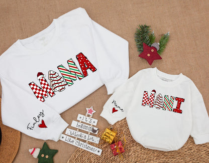 Personalized Finley Mama Mini Christmas Matching Sweatshirts Festive Red Green Santa Tree Striped Polka Dot Holiday Mom Baby Daughter Gift