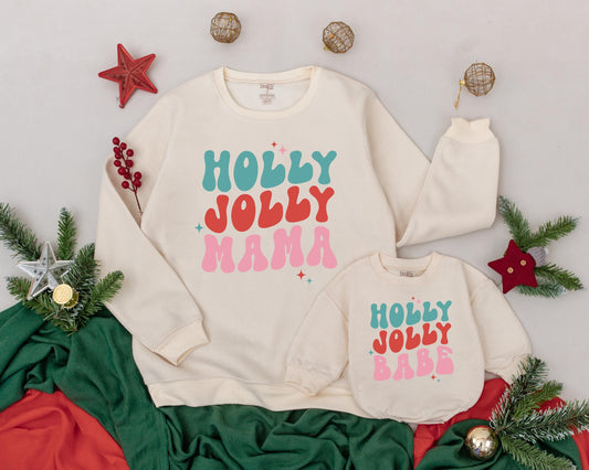 Personalized Retro Holly Jolly Mama Matching Christmas Family Shirts with Teal Red Pink Starbursts Vintage Mom Baby Sweatshirt Romper Outfits