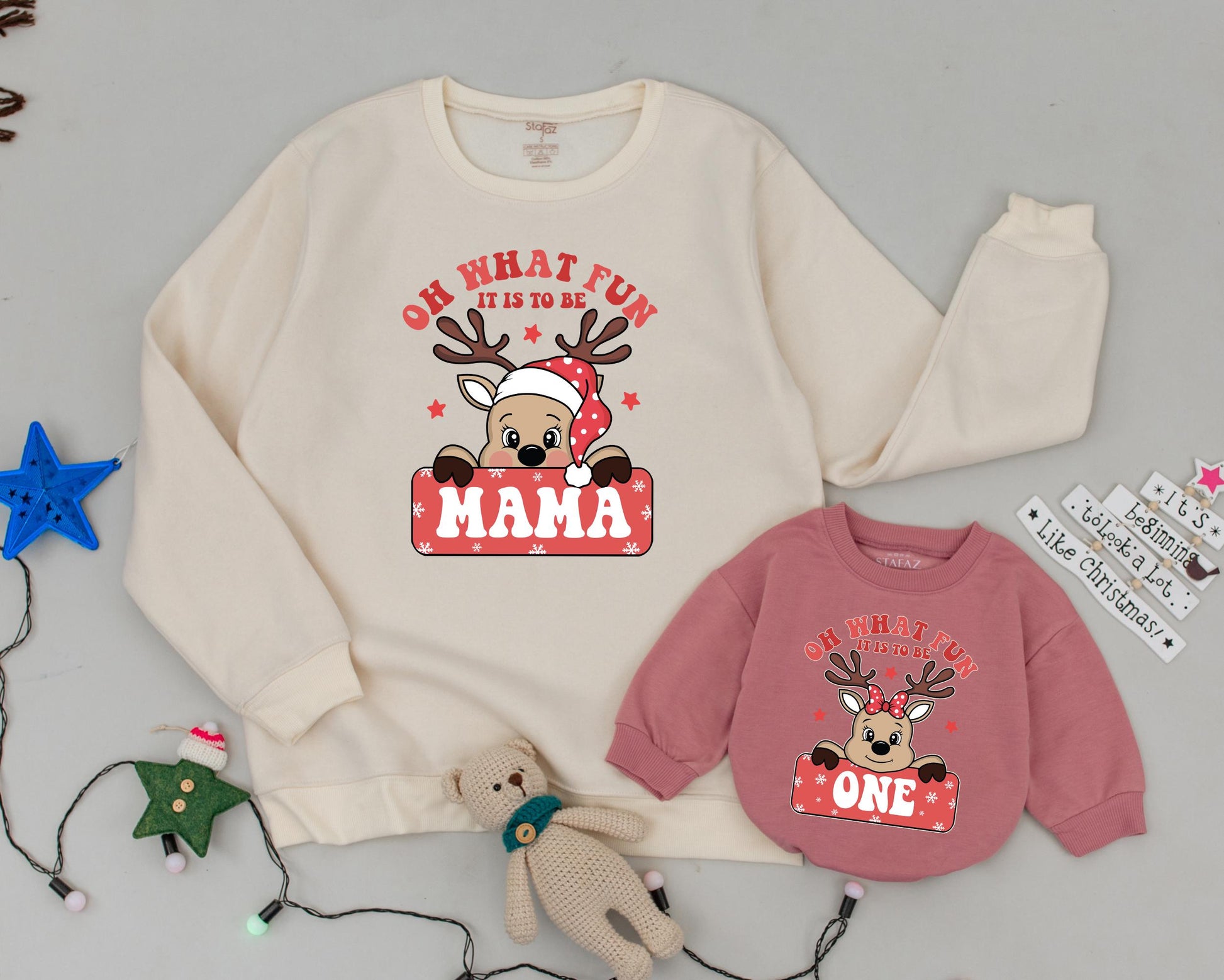 Personalized Mama and Mini Matching Sweatshirt Set Cheerful Red Reindeer First Birthday Christmas Holiday Party Outfit Family Sweater