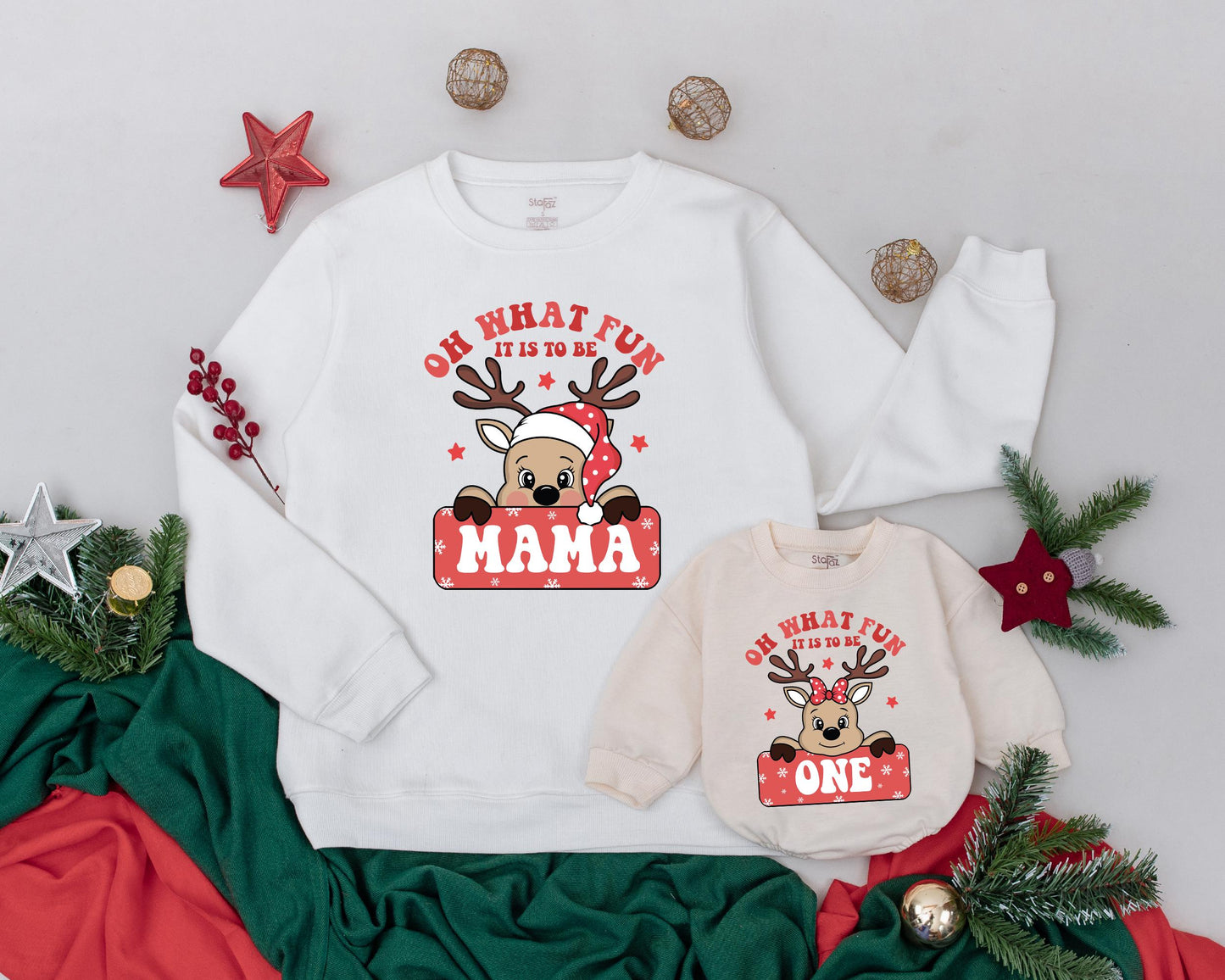 Personalized Mama and Mini Matching Sweatshirt Set Cheerful Red Reindeer First Birthday Christmas Holiday Party Outfit Family Sweater