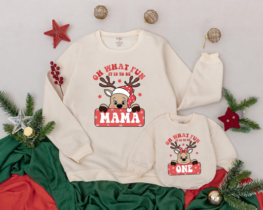 Personalized Mama and Mini Matching Sweatshirt Set Cheerful Red Reindeer First Birthday Christmas Holiday Party Outfit Family Sweater
