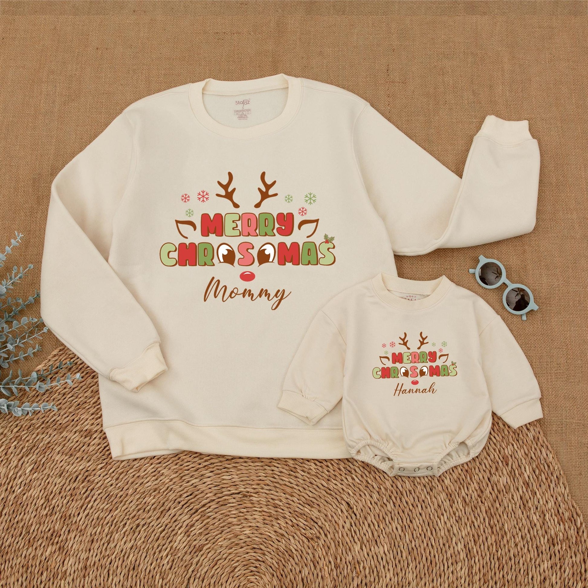 Personalized Merry Christmas Reindeer Family Matching Sweatshirts, Whimsical Mommy and Me Holiday Outfits with Playful Antlers and Snowflakes