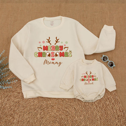 Personalized Merry Christmas Reindeer Family Matching Sweatshirts, Whimsical Mommy and Me Holiday Outfits with Playful Antlers and Snowflakes