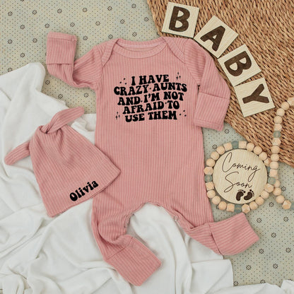 Crazy Aunt Baby Bodysuit Set: "I Have Crazy Aunts" Newborn Outfit with Olivia Hat, Funny Auntie Gift, Soft Cotton Romper for Niece/Nephew (138 chars)