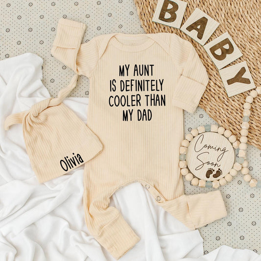 My Aunt Is Cooler Than My Dad Baby Bodysuit & Olivia Hat Set, Funny Newborn Outfit, Cute Baby Shower Gift for Nieces & Nephews, Soft Cotton Romper 