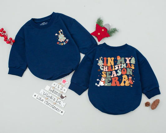 Festive Christmas Era Toddler Romper Personalized Hana Custom Name Baby Holiday Bodysuit Retro Warm Colors Cotton Comfortable Gift