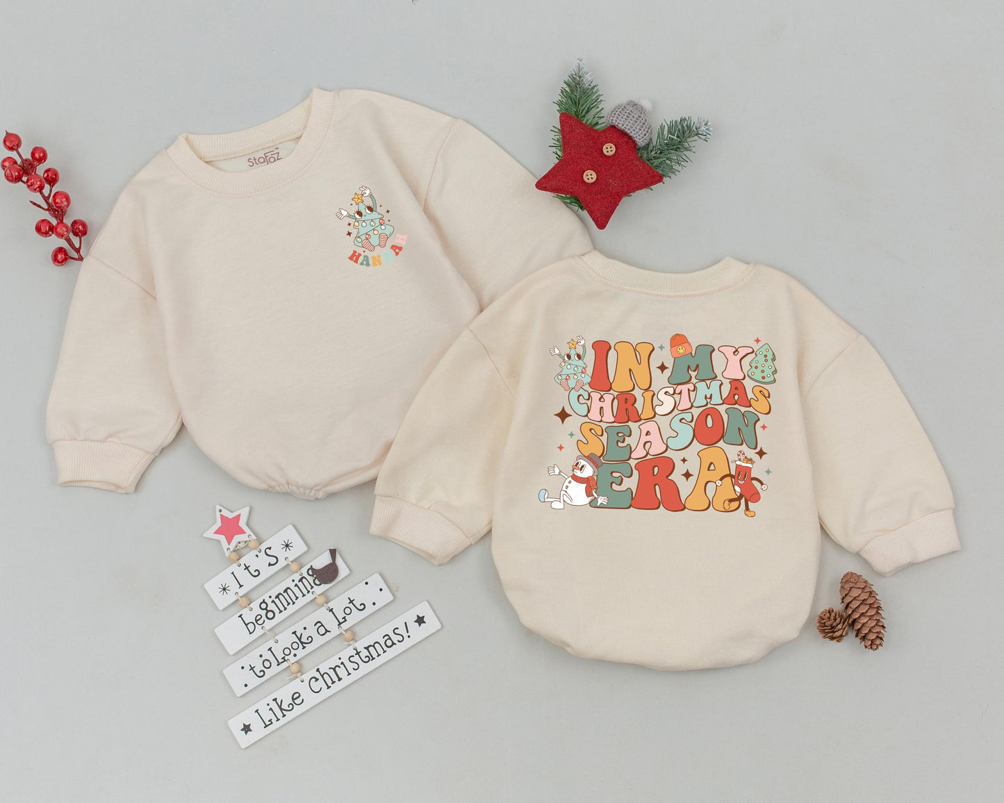 Festive Christmas Era Toddler Romper Personalized Hana Custom Name Baby Holiday Bodysuit Retro Warm Colors Cotton Comfortable Gift