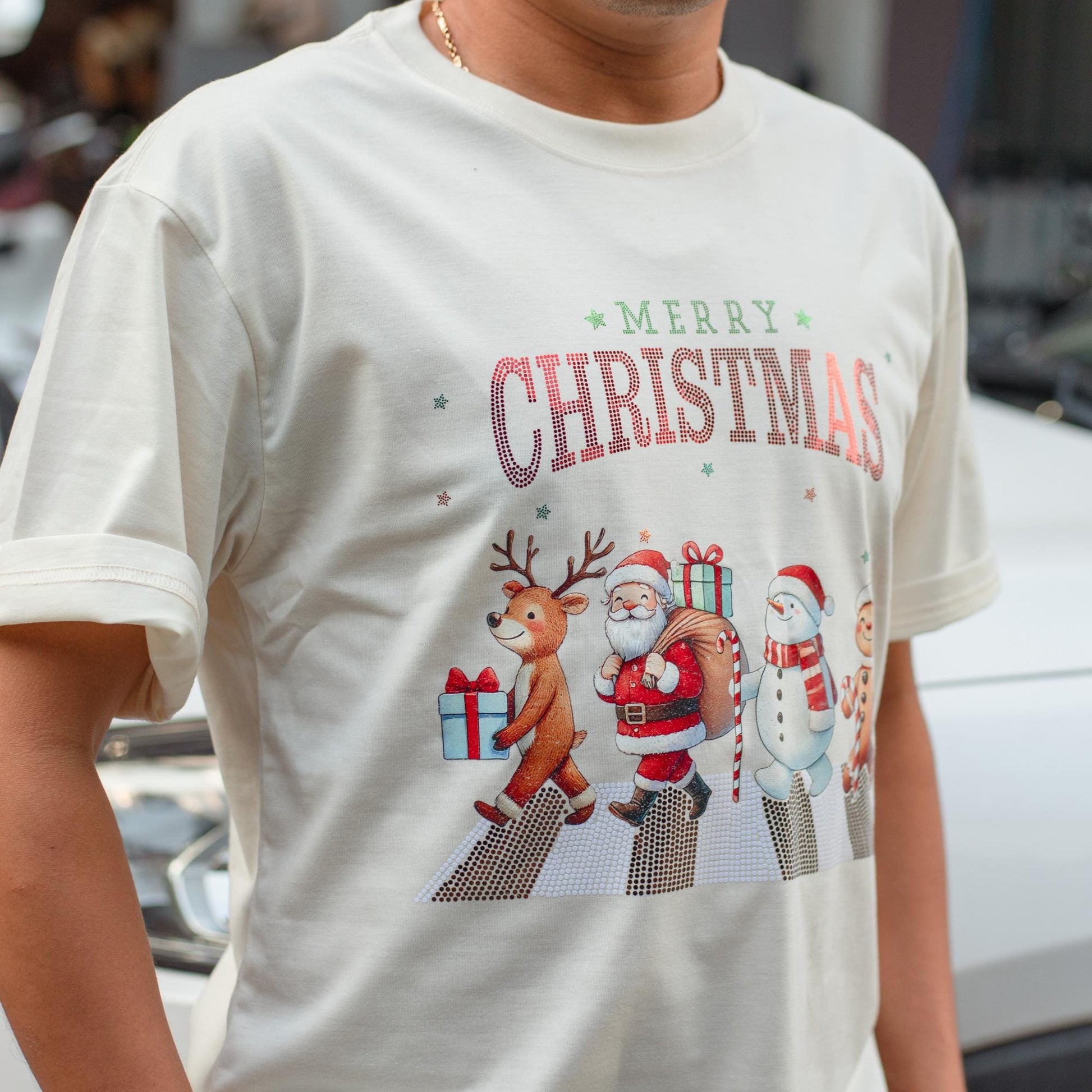 Glitter Sparkly Merry Christmas Shirt Funny Cartoon Characters Abbey Road Style Zebra Crossing Bling Tee Retro Holiday Gift