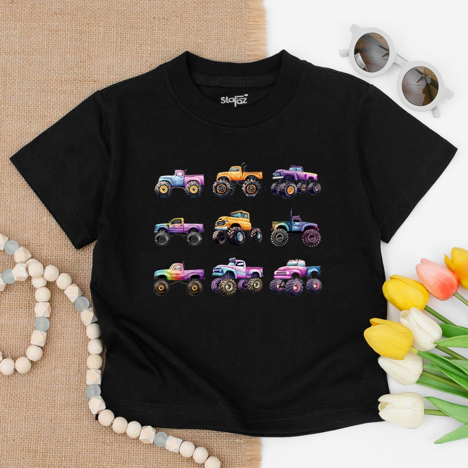 Cartoon Monster Trucks Toddler T-Shirt Colorful Offroad Trucks Outfit Big Wheels Tee for Boys & Girls Whimsical Kids Giant Vehicles Truck Lover Shirt