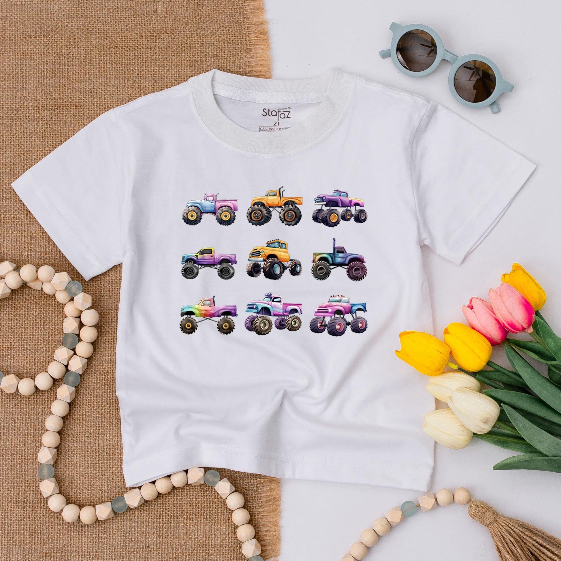 Cartoon Monster Trucks Toddler T-Shirt Colorful Offroad Trucks Outfit Big Wheels Tee for Boys & Girls Whimsical Kids Giant Vehicles Truck Lover Shirt