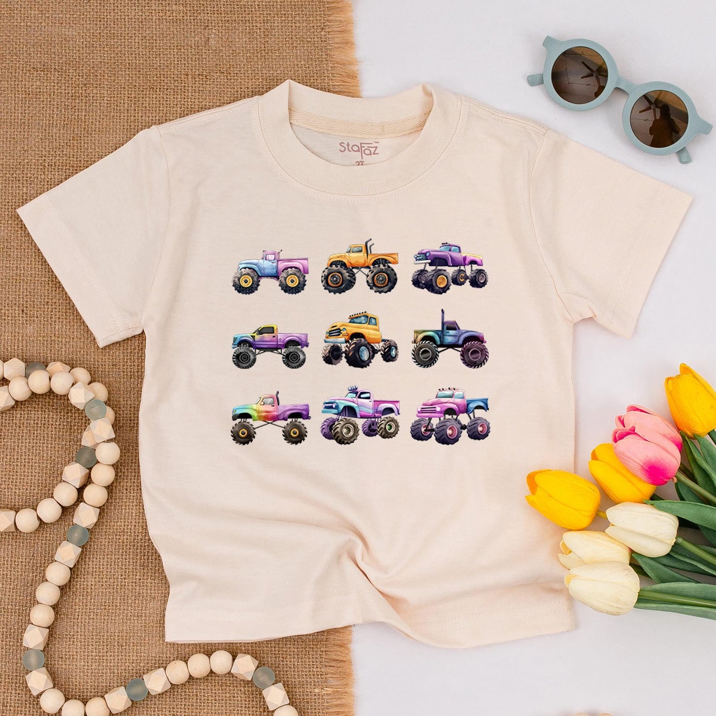 Cartoon Monster Trucks Toddler T-Shirt Colorful Offroad Trucks Outfit Big Wheels Tee for Boys & Girls Whimsical Kids Giant Vehicles Truck Lover Shirt