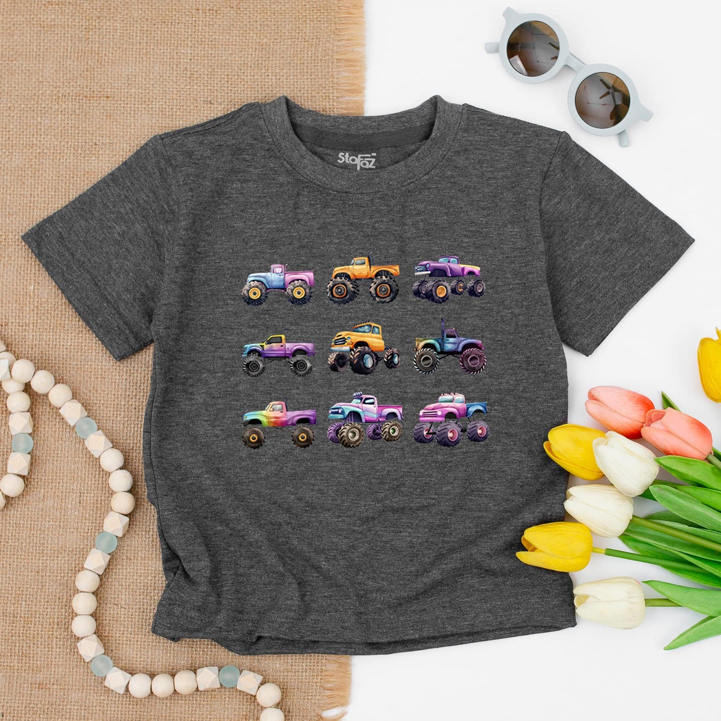 Cartoon Monster Trucks Toddler T-Shirt Colorful Offroad Trucks Outfit Big Wheels Tee for Boys & Girls Whimsical Kids Giant Vehicles Truck Lover Shirt