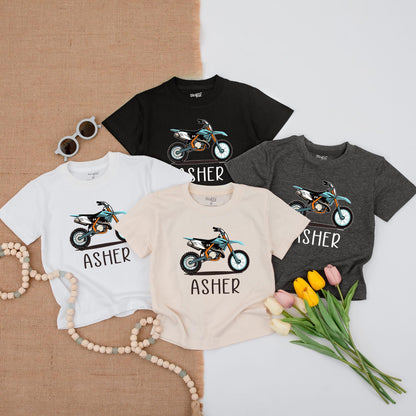 Custom Name Dirt Bike Wheelie Toddler Tee Racing Off Road Birthday Boy Gift Comfort Cotton