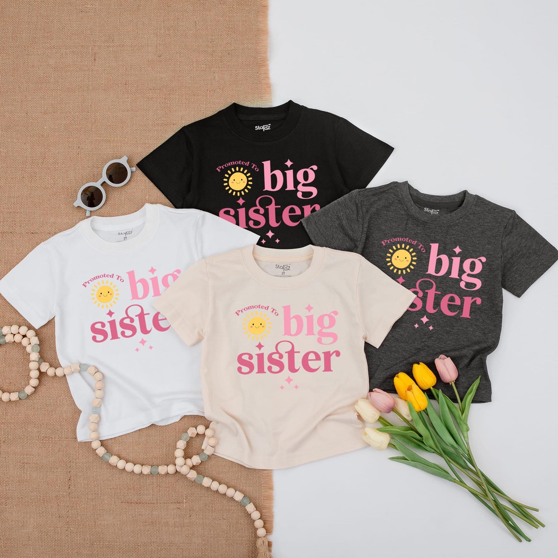 Promoted To Big Sister Toddler T-Shirt Smiling Sun Graphic White Letters Starbursts Cute Announcement Baby Gift