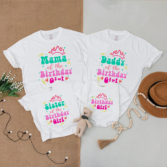 Matching Birthday Girl Family Shirts - Crown Design in Teal Pink Orange Colors - Baby Bodysuit & Tee Outfit