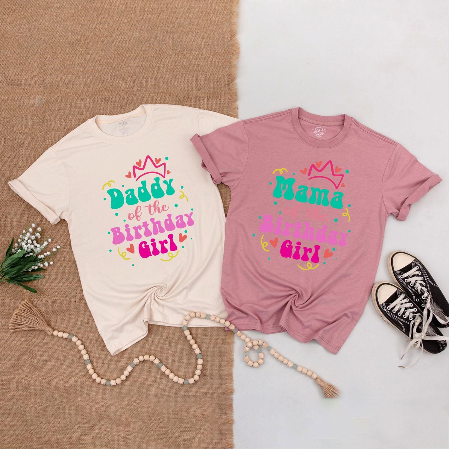 Matching Birthday Girl Family Shirts - Crown Design in Teal Pink Orange Colors - Baby Bodysuit & Tee Outfit