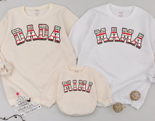 Matching Mama Dada Mini Christmas Plaid Family Sweatshirt Set featuring festive red green tartan lettering for new Mom Dad and Baby's cute holiday outfits.
