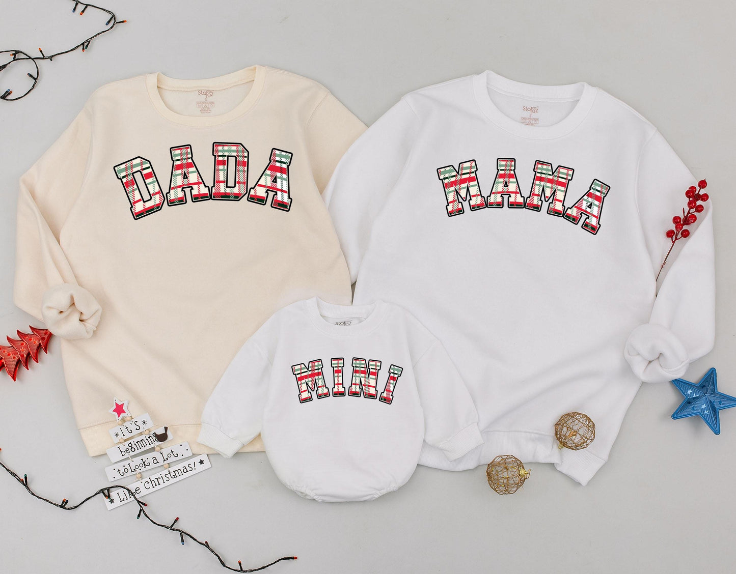 Matching Mama Dada Mini Christmas Plaid Family Sweatshirt Set featuring festive red green tartan lettering for new Mom Dad and Baby's cute holiday outfits.