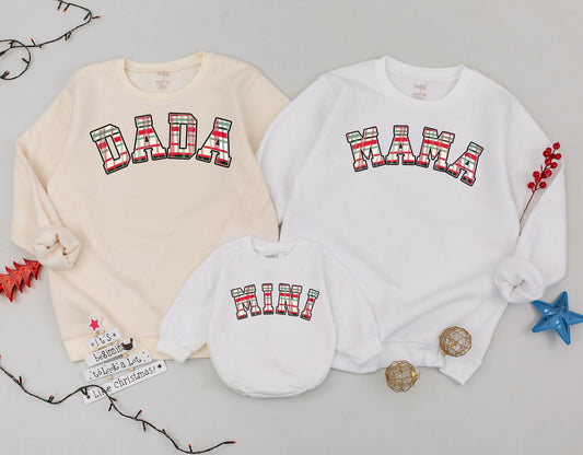 Matching Mama Dada Mini Christmas Plaid Family Sweatshirt Set featuring festive red green tartan lettering for new Mom Dad and Baby's cute holiday outfits.