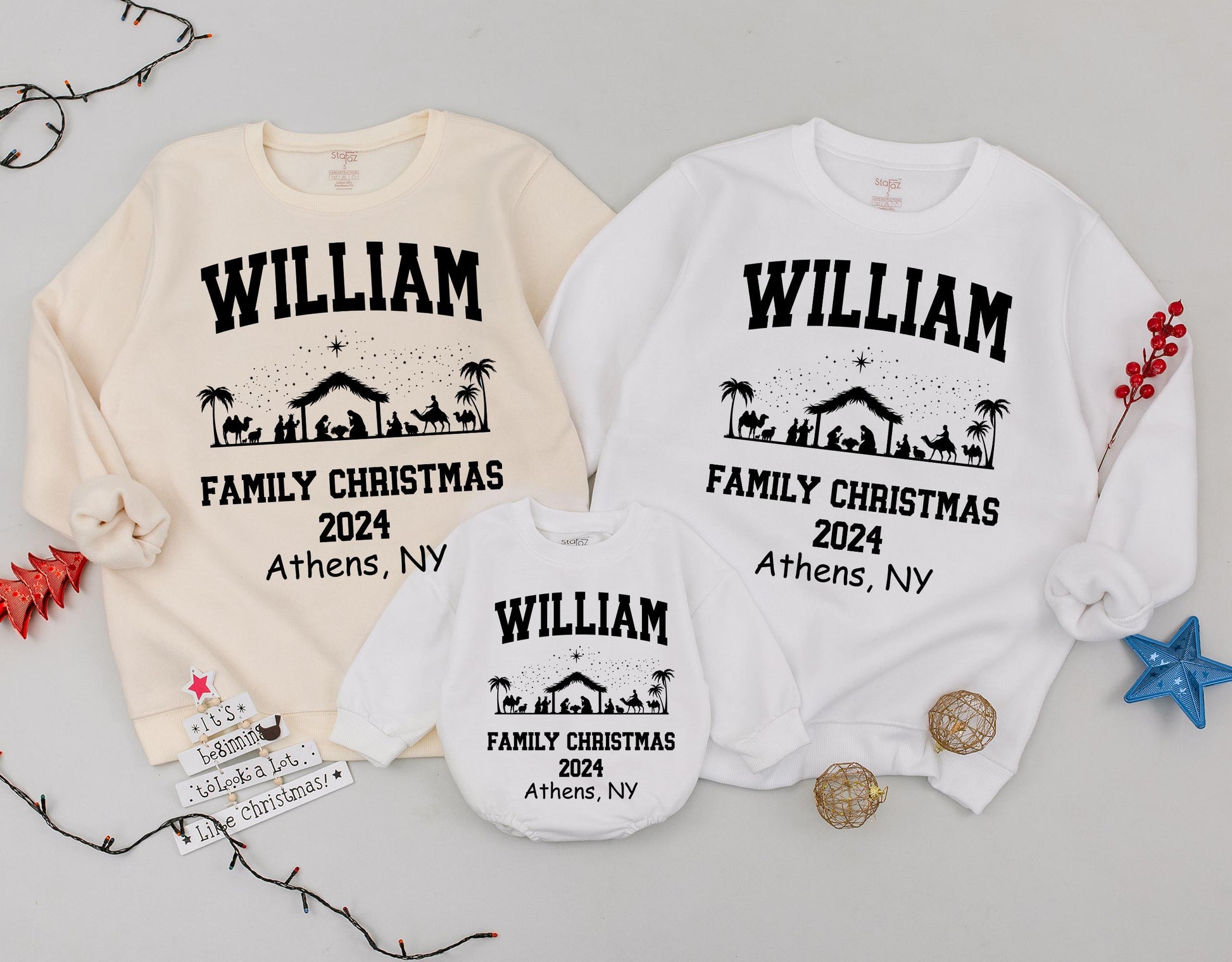Personalized Matching Family Christmas Sweatshirts Vintage Nativity Scene Athens NY 2024 Custom Name Toddler Holiday Crewneck Tops
