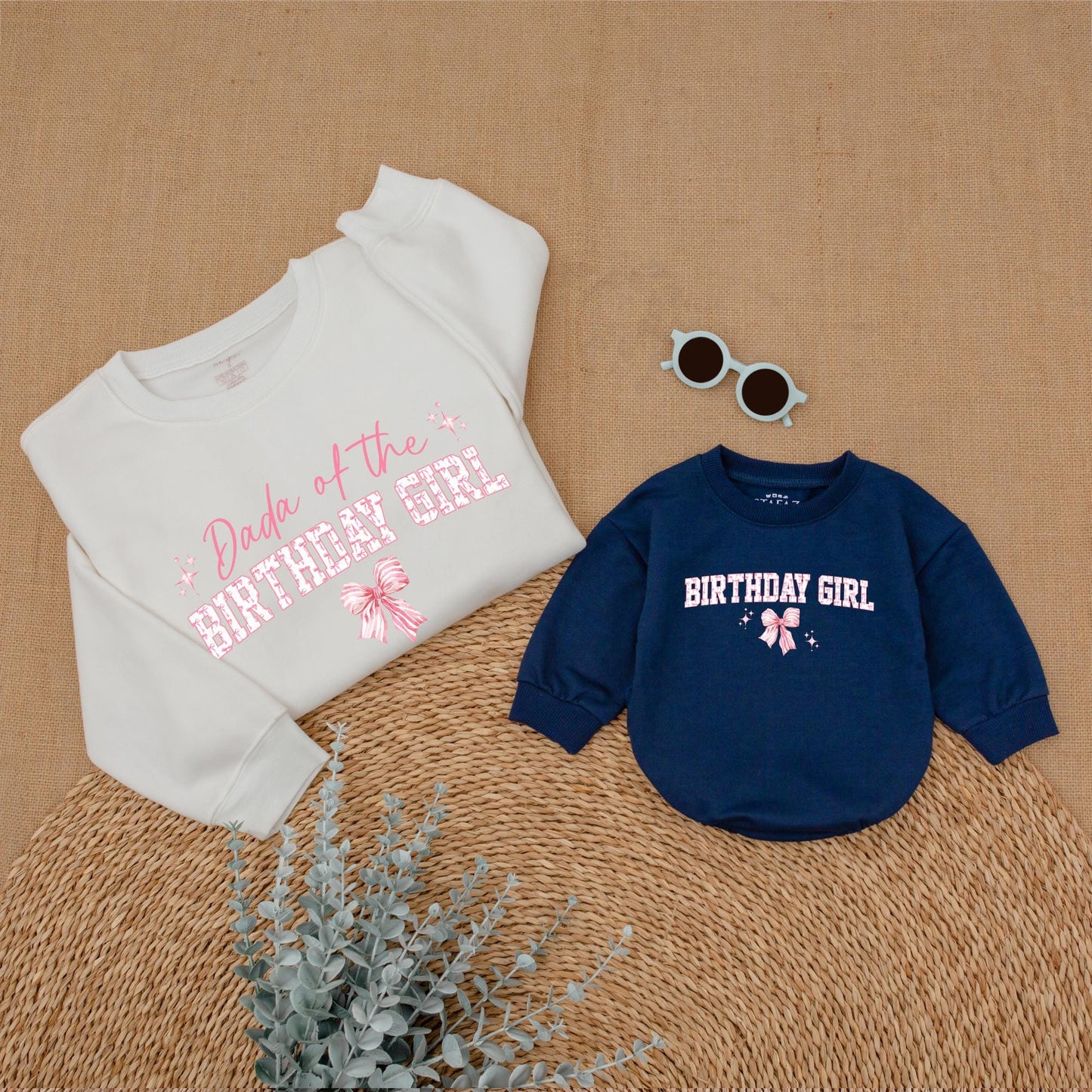 Playful Pink Bow First Birthday Family Matching Outfit Mama Dada Sister Sweatshirt Girl Celebration Sweet Pink Tone Starburst Design