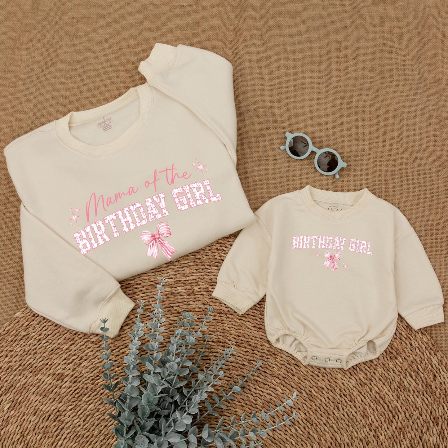 Playful Pink Bow First Birthday Family Matching Outfit Mama Dada Sister Sweatshirt Girl Celebration Sweet Pink Tone Starburst Design