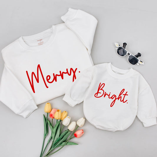 Matching Family Merry and Bright Christmas Sweatshirts Red Cursive Font Holiday Outfits Modern Design Comfortable Soft Shirts for Mom Dad and Kids