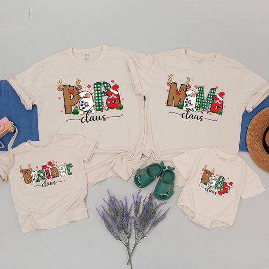 Matching Family Claus Christmas Shirts: Papa, Mama, Brother & Baby Cartoon Xmas Outfits, Santa Hats & Reindeer, Funny Holiday Gift for Kids, Custom Xmas (139 chars)