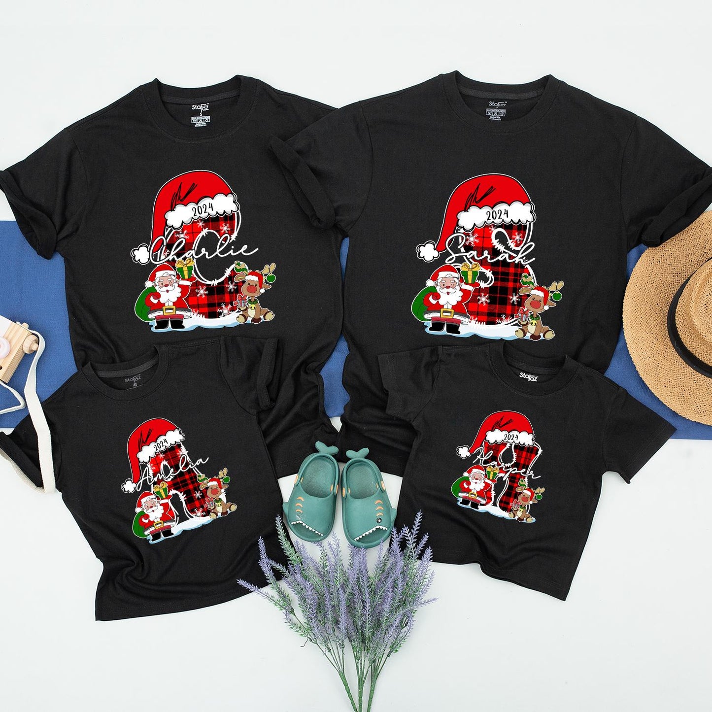 Personalized Plaid Boot Christmas Family Shirts: Custom Name Holiday 2024 Matching Xmas, Santa, Reindeer Festive Outfit, Kids Christmas Gift Idea