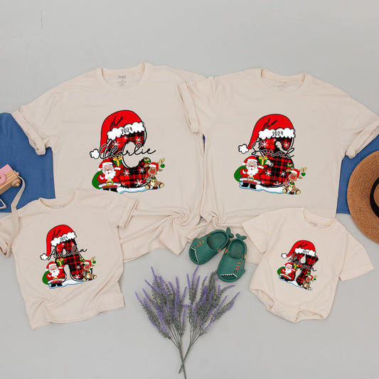 Personalized Plaid Boot Christmas Family Shirts: Custom Name Holiday 2024 Matching Xmas, Santa, Reindeer Festive Outfit, Kids Christmas Gift Idea