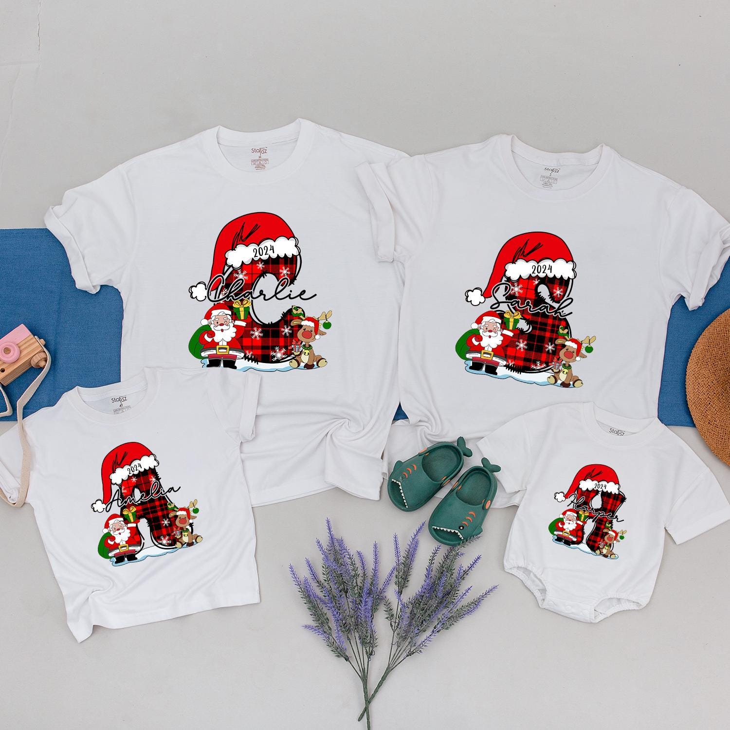 Personalized Plaid Boot Christmas Family Shirts: Custom Name Holiday 2024 Matching Xmas, Santa, Reindeer Festive Outfit, Kids Christmas Gift Idea