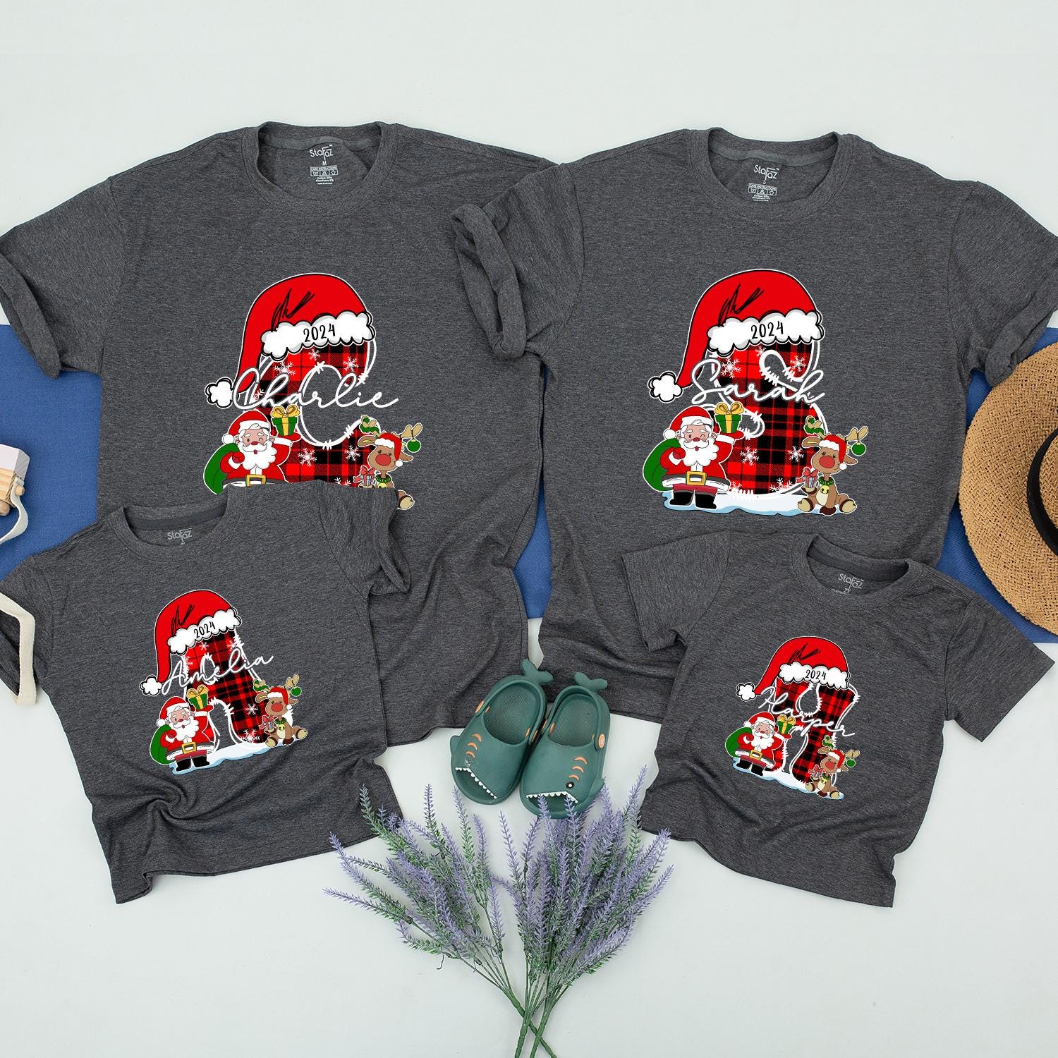Personalized Plaid Boot Christmas Family Shirts: Custom Name Holiday 2024 Matching Xmas, Santa, Reindeer Festive Outfit, Kids Christmas Gift Idea