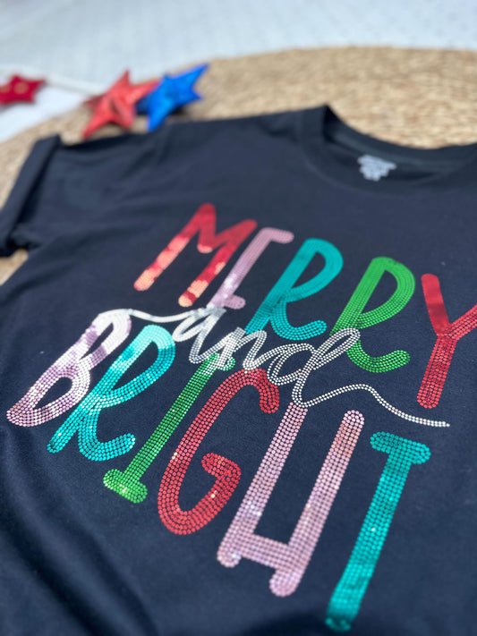 Merry and Bright Sparkling Christmas Shirt featuring Dotted Letters in Bright Red Green Teal Pink Colors Festive Holiday Season Tee Women's Bling Apparel