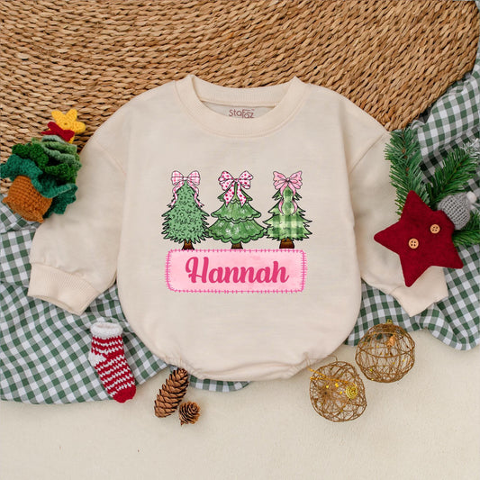 Hannah's First Christmas Romper Pink Bow Trees Outfit Vintage Girly Baby Bodysuit Personalized Christmas Leopard Snowflake Plaid Tree Outfit, 139chars