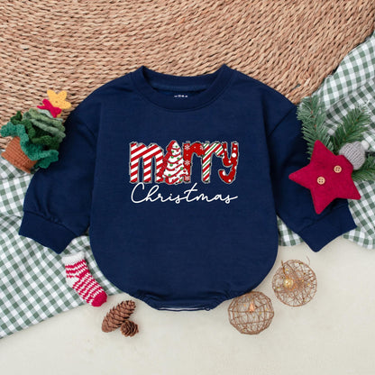 Merry Christmas Baby Romper Outfit, My First Christmas Bodysuit, Festive Newborn Gift, Red & White Holiday Pattern, Cute Xmas Sweatshirt Romper (138 chars)