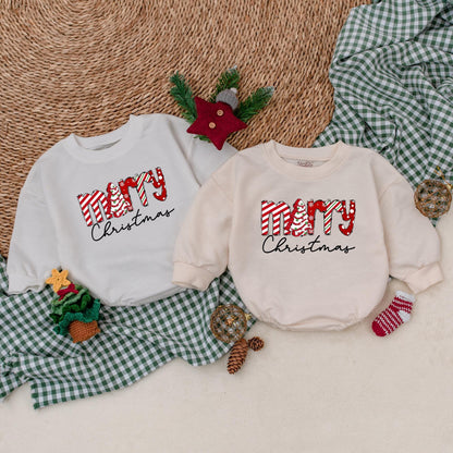 Merry Christmas Baby Romper Outfit, My First Christmas Bodysuit, Festive Newborn Gift, Red & White Holiday Pattern, Cute Xmas Sweatshirt Romper (138 chars)