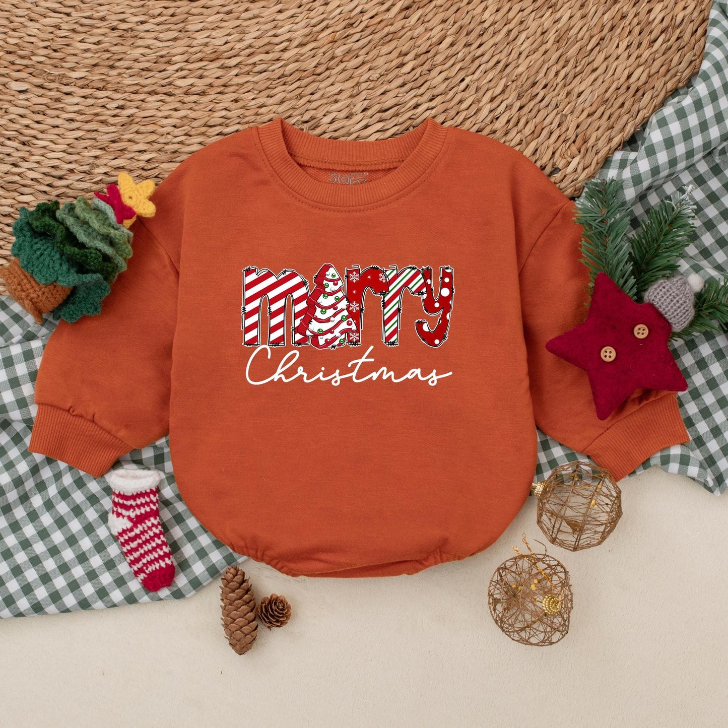 Merry Christmas Baby Romper Outfit, My First Christmas Bodysuit, Festive Newborn Gift, Red & White Holiday Pattern, Cute Xmas Sweatshirt Romper (138 chars)