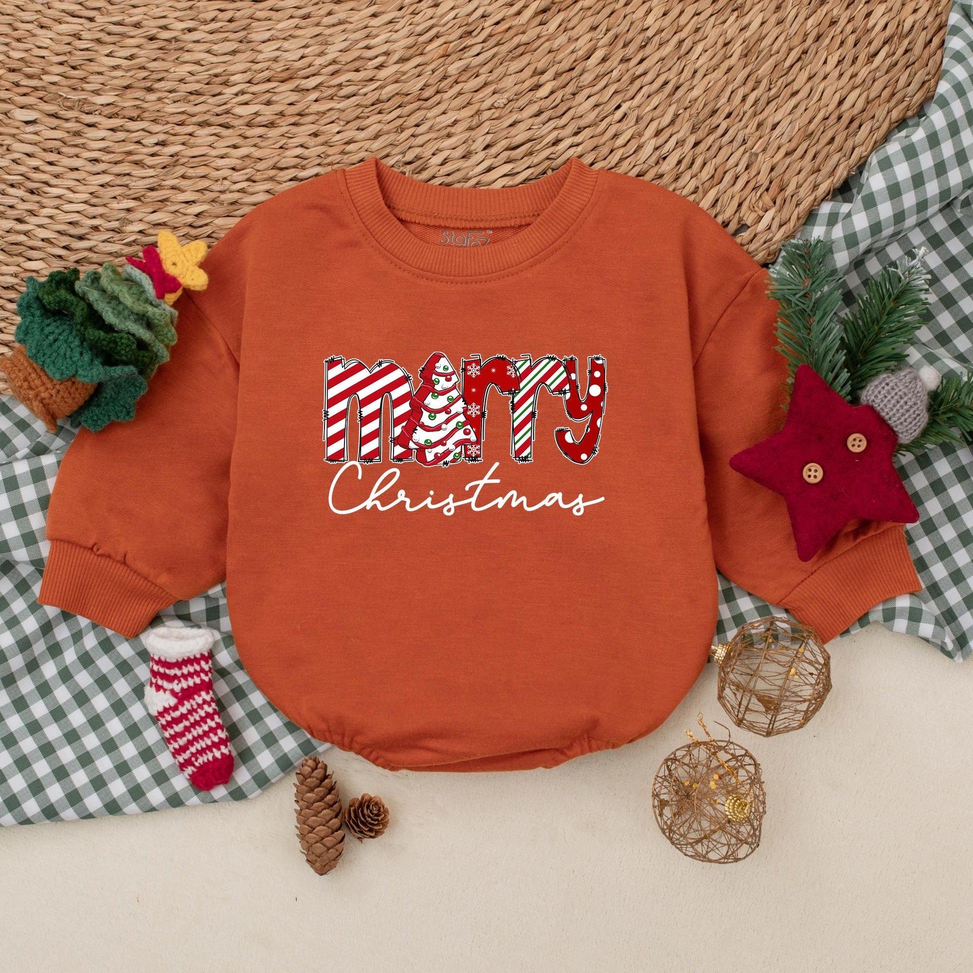 Merry Christmas Baby Romper Outfit, My First Christmas Bodysuit, Festive Newborn Gift, Red & White Holiday Pattern, Cute Xmas Sweatshirt Romper (138 chars)