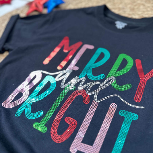Merry & Bright Sequin Christmas Tee, Womens Holiday Sparkle Shirt, Teal Red Green, Festive Christmas T-Shirt, Cute Gift for Her (136 chars)