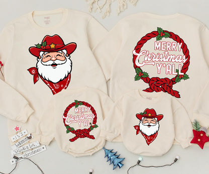 Merry Christmas Y'all Sweatshirt Cowboy Santa Holiday Crewneck, Western Christmas Shirt for Women, Fun Christmas Outfit, Santa Cowboy Tee Gift 138