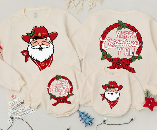 Merry Christmas Y'all Sweatshirt Cowboy Santa Holiday Crewneck, Western Christmas Shirt for Women, Fun Christmas Outfit, Santa Cowboy Tee Gift 138