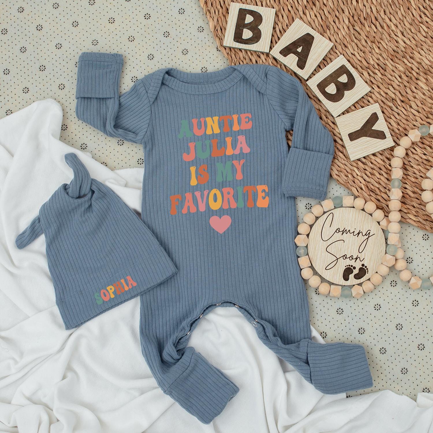 Auntie Julia Is My Favorite Baby Bodysuit & Sophia Hat Set - Retro Design, Personalized Gift, New Baby Girl Outfit