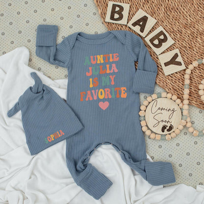 Auntie Julia Is My Favorite Baby Bodysuit & Sophia Hat Set - Retro Design, Personalized Gift, New Baby Girl Outfit