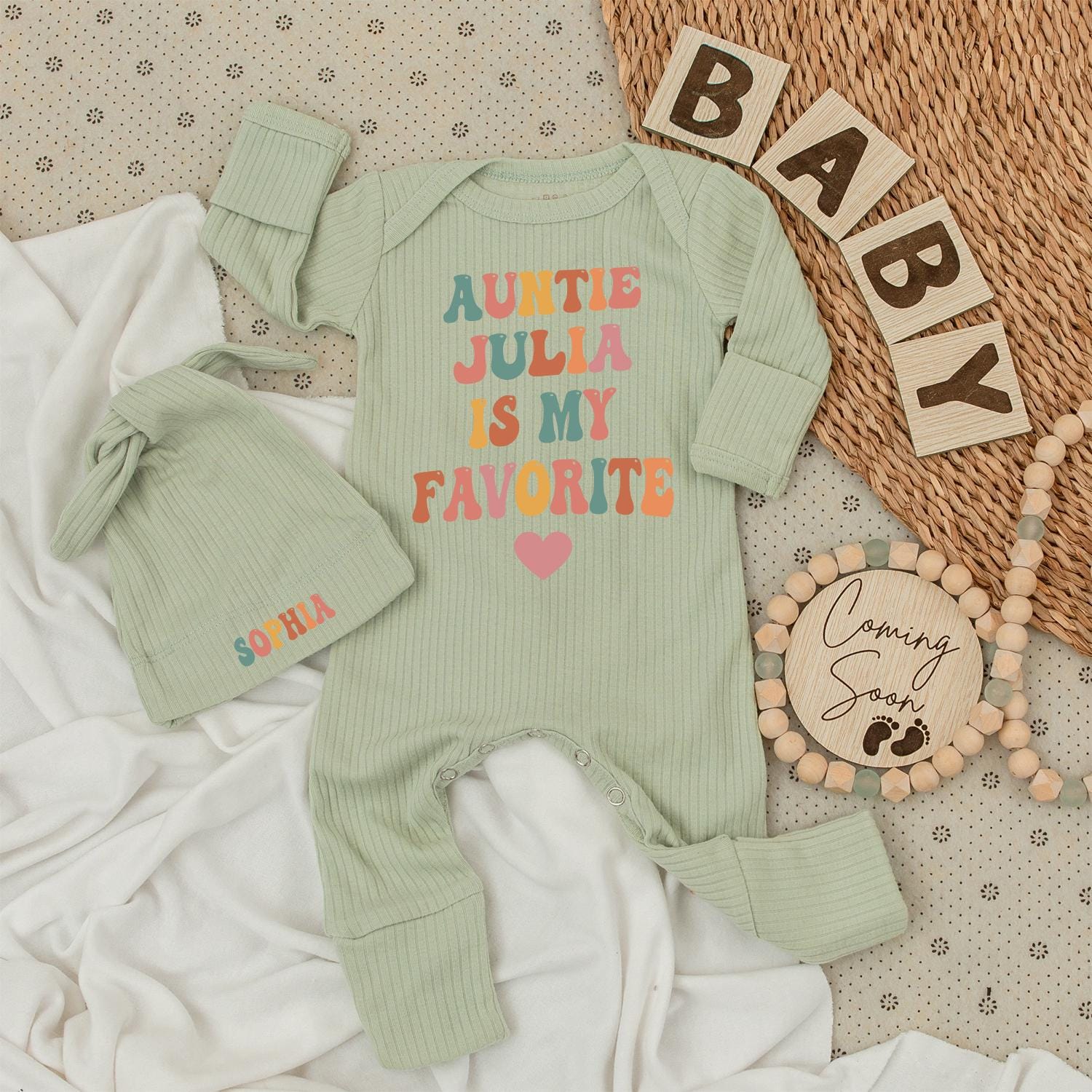 Auntie Julia Is My Favorite Baby Bodysuit & Sophia Hat Set - Retro Design, Personalized Gift, New Baby Girl Outfit