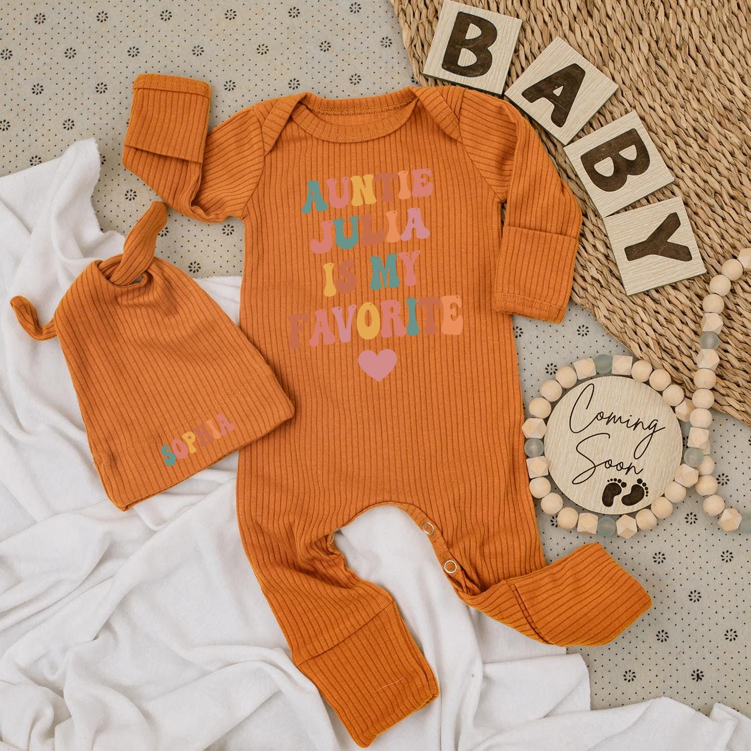 Auntie Julia Is My Favorite Baby Bodysuit & Sophia Hat Set - Retro Design, Personalized Gift, New Baby Girl Outfit