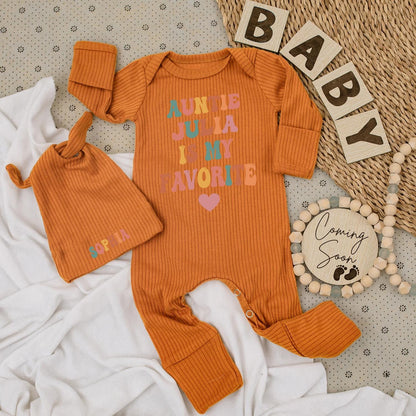 Auntie Julia Is My Favorite Baby Bodysuit & Sophia Hat Set - Retro Design, Personalized Gift, New Baby Girl Outfit
