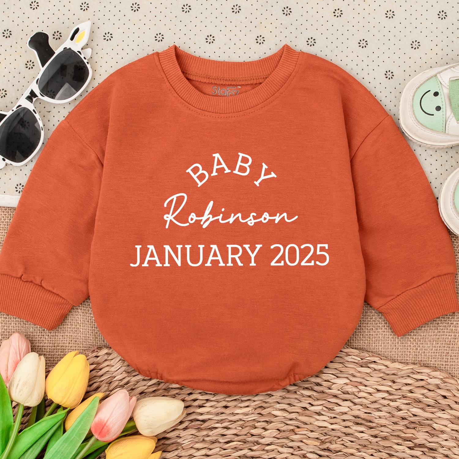 Baby Robinson January 2025 Announcement Romper Custom Newborn Outfit Grandparents Family Surprise Coming Soon Infant