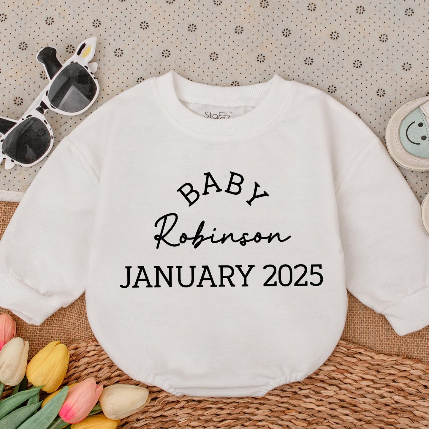 Baby Robinson January 2025 Announcement Romper Custom Newborn Outfit Grandparents Family Surprise Coming Soon Infant